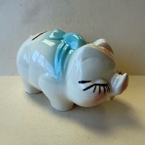 Vintage Hull 60’s “Dime Bank” Ceramic Piggy Pig Coin Bank with Blue Bow.
